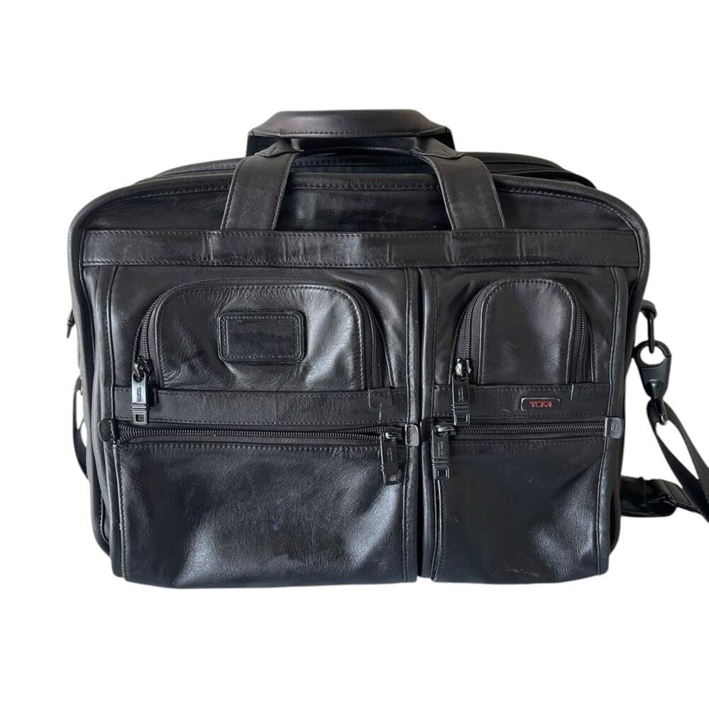 TUMI Black Leather Expandable Laptop Briefcase